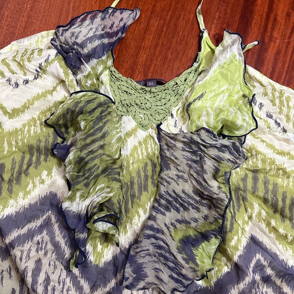 Hale Bob 100% Silk Halter Top Blouse Cropped Chevron Ikat Green XS - Picture 2 of 8